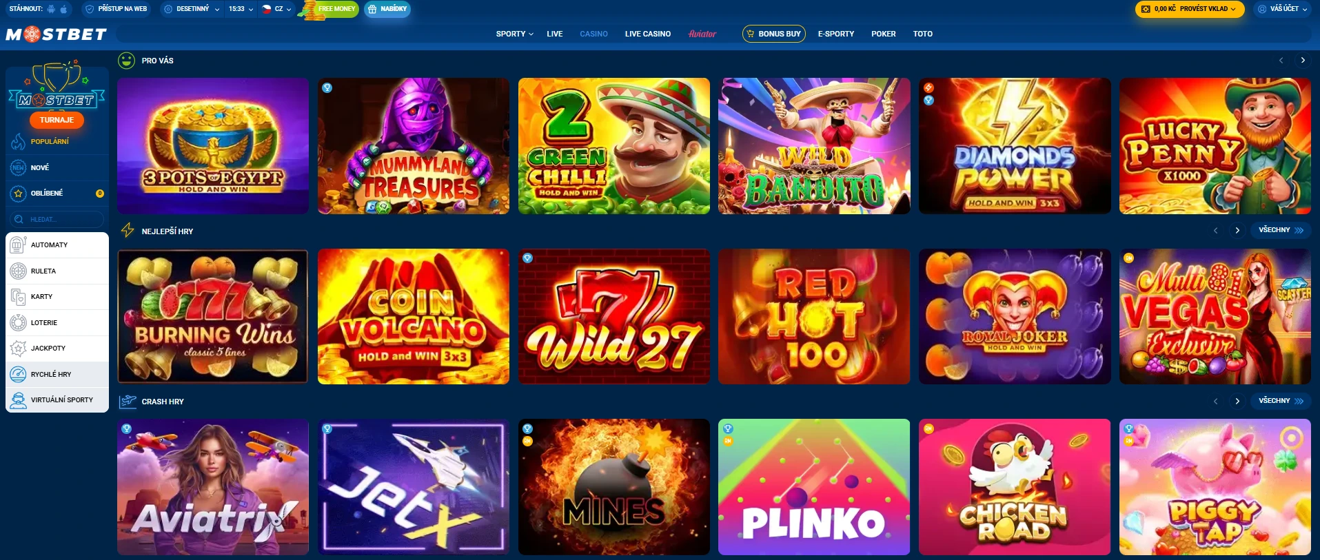 Hry a sázky dostupné v Mostbet casino